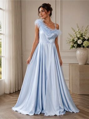 Mac Duggal Powder Blue Feather-Trim One-Shoulder A-Line Gown